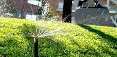 Neighborhood Lawn care in Vancouver, WA.  Rotor sprinkler head watering lawn